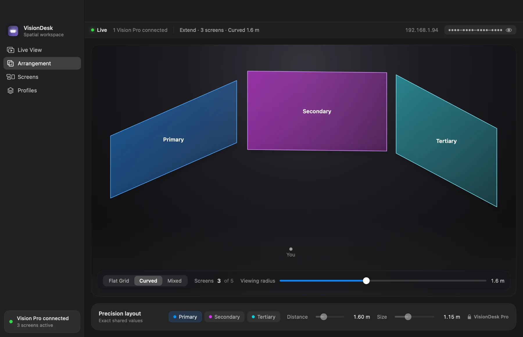 The VisionDesk Mac Host Arrangement page: three curved screens on the stage, layout modes, viewing radius and Precision Layout