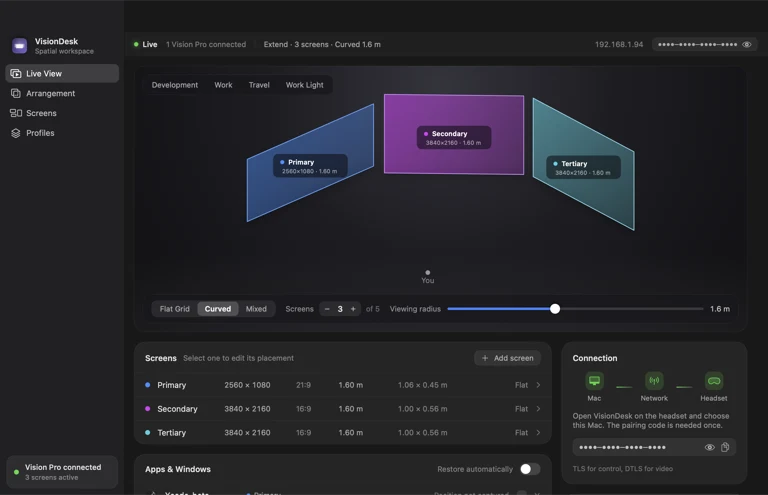 VisionDesk Mac Host Live View with the session strip, arrangement stage and screens table