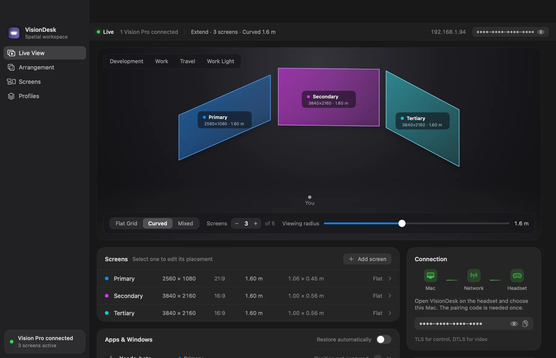 VisionDesk Mac Host Live View: session strip, arrangement stage, screens table and connection card