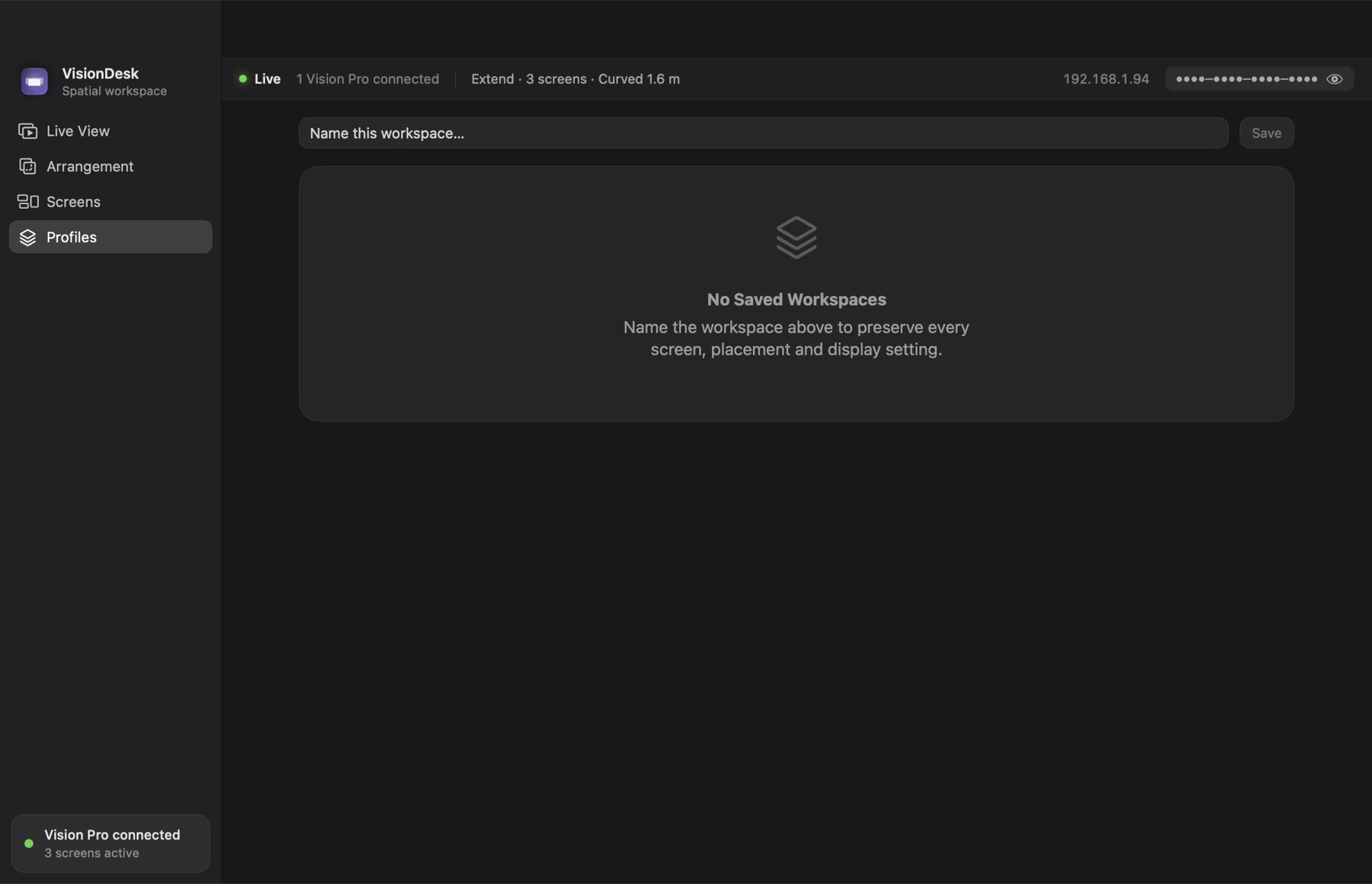 VisionDesk Mac Host Profiles page, ready to name and save the live workspace
