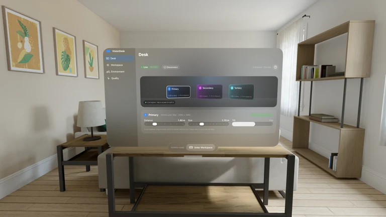 The VisionDesk Desk page with a live layout and per-screen distance, size and tilt