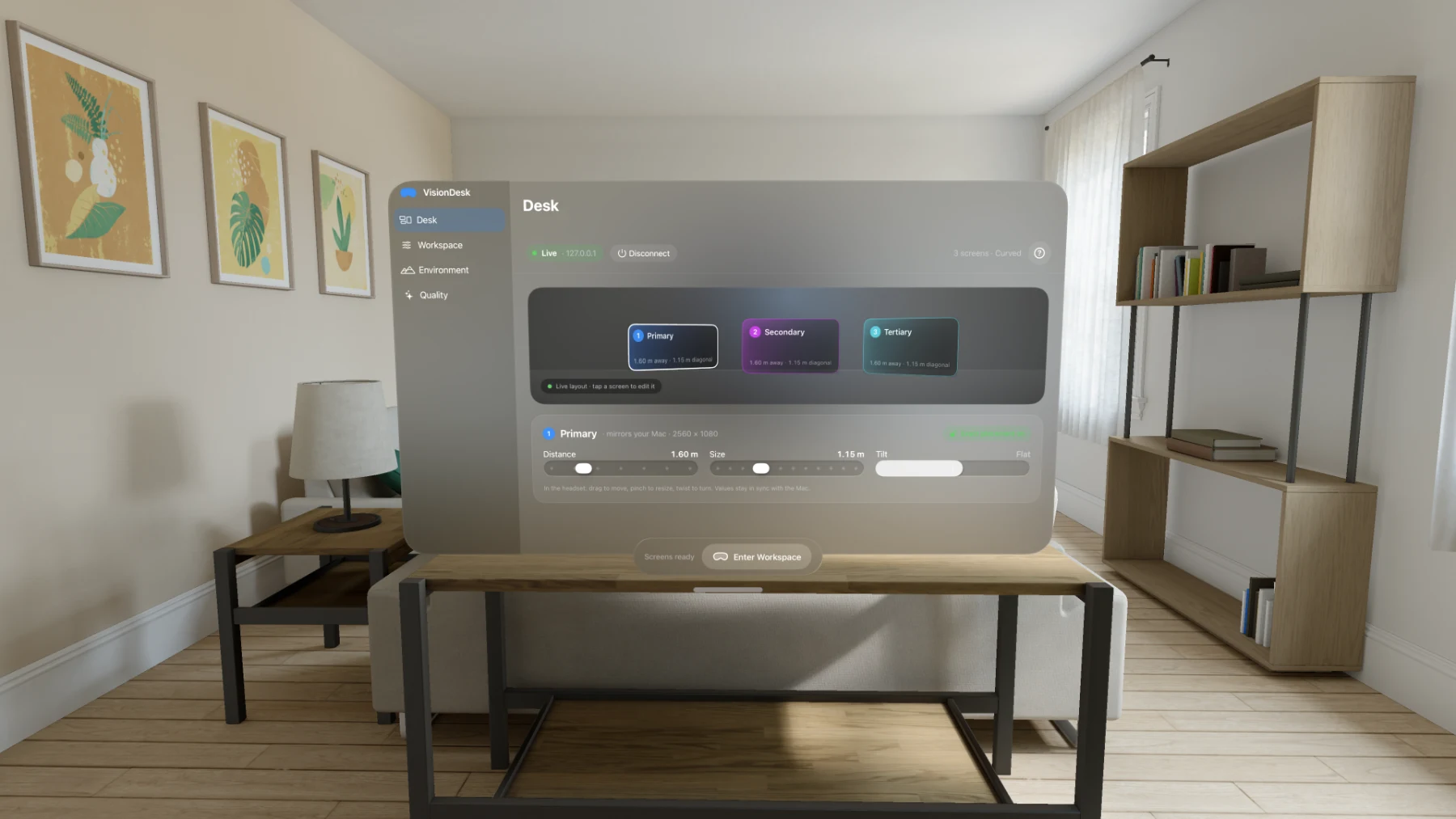 VisionDesk on Apple Vision Pro: the Desk page with a live layout and per-screen distance, size and tilt