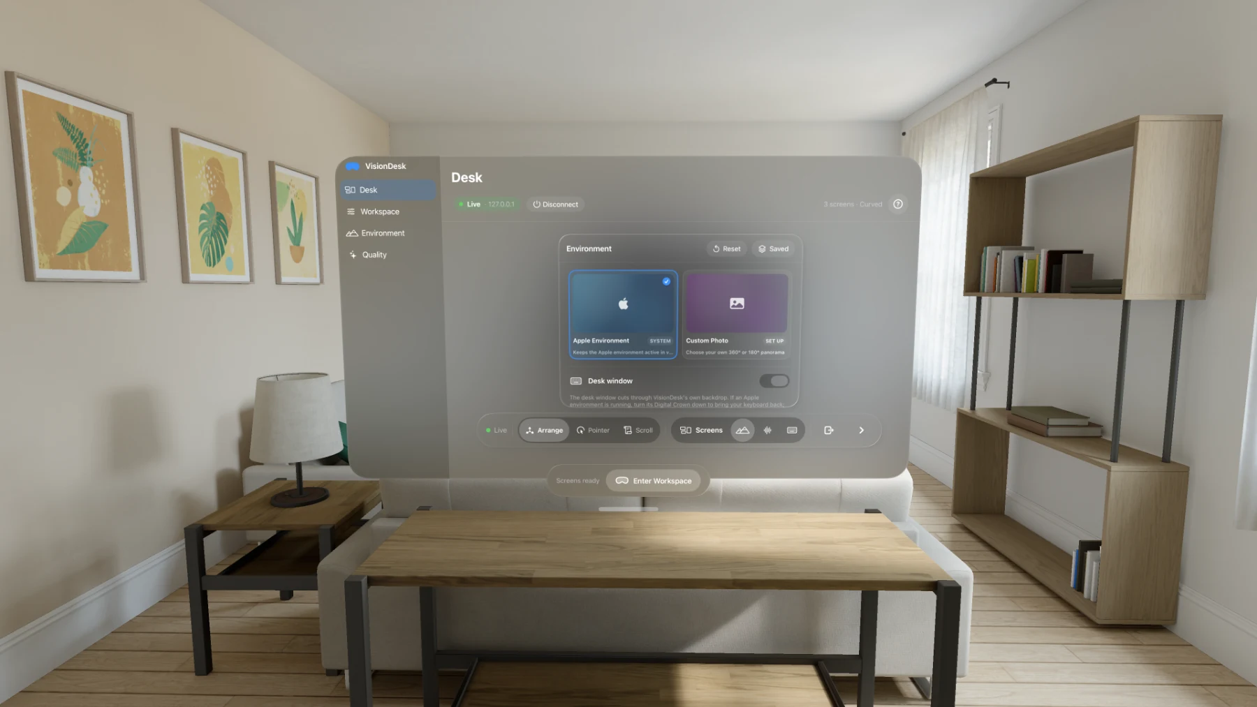 VisionDesk on Apple Vision Pro: the Environment panel with Apple Environment, Custom Photo and the Desk window toggle, open above the dock