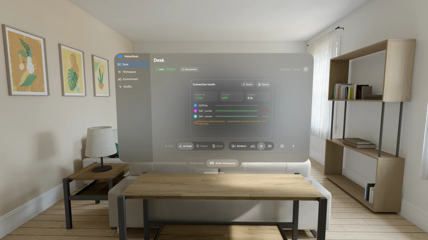 VisionDesk on Apple Vision Pro: the Connection health panel with round trip, transport, dropped frames and per-screen frame rate