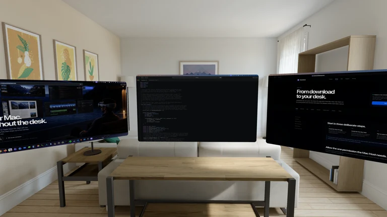 Three streamed Mac displays with live Mac content and the VisionDesk dock beneath them