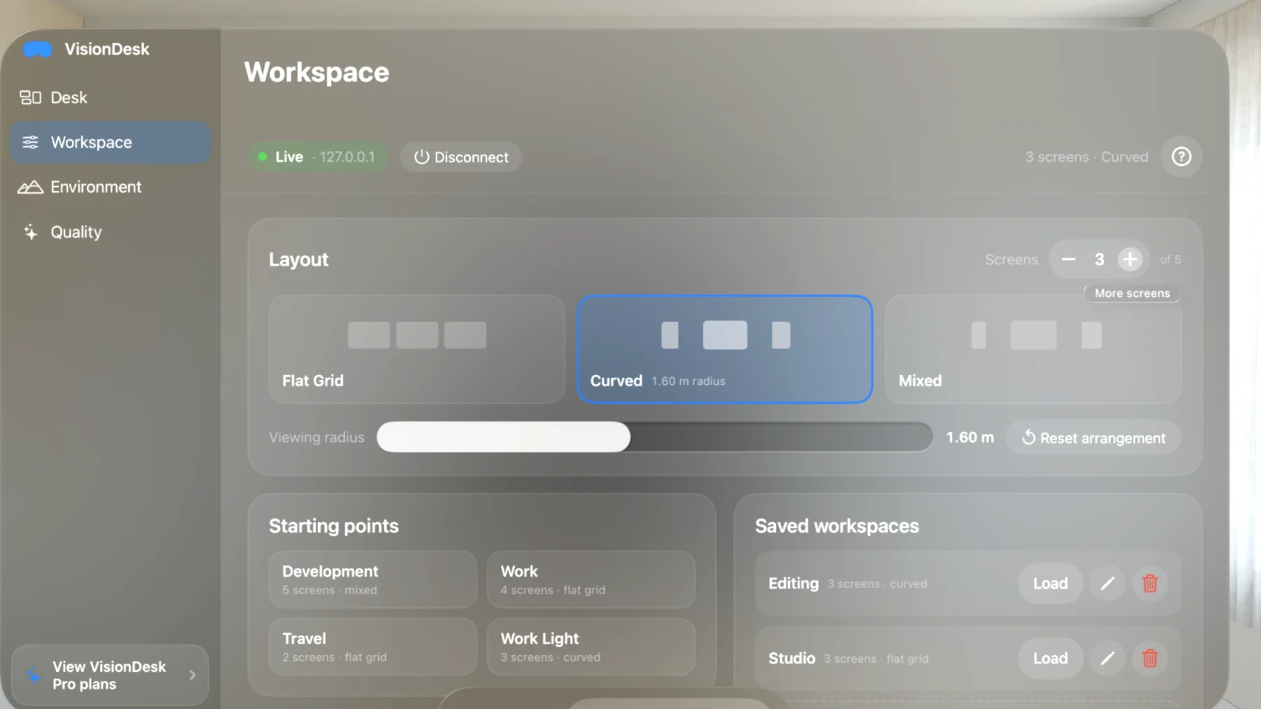 VisionDesk on Apple Vision Pro: the Workspace page with layout modes, viewing radius, starting points and saved workspaces