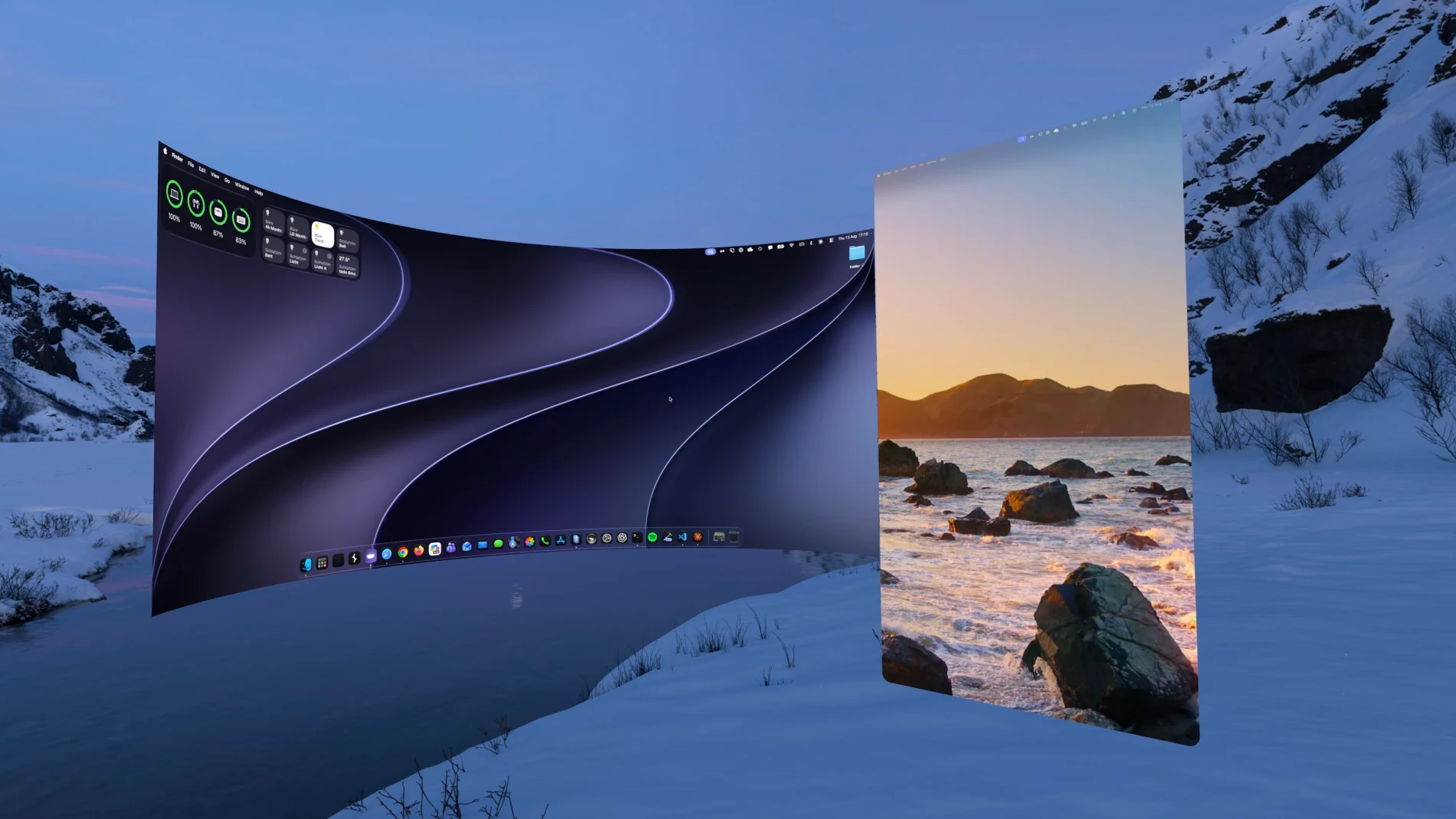 A curved ultrawide Mac display beside a portrait display, streamed into Apple Vision Pro