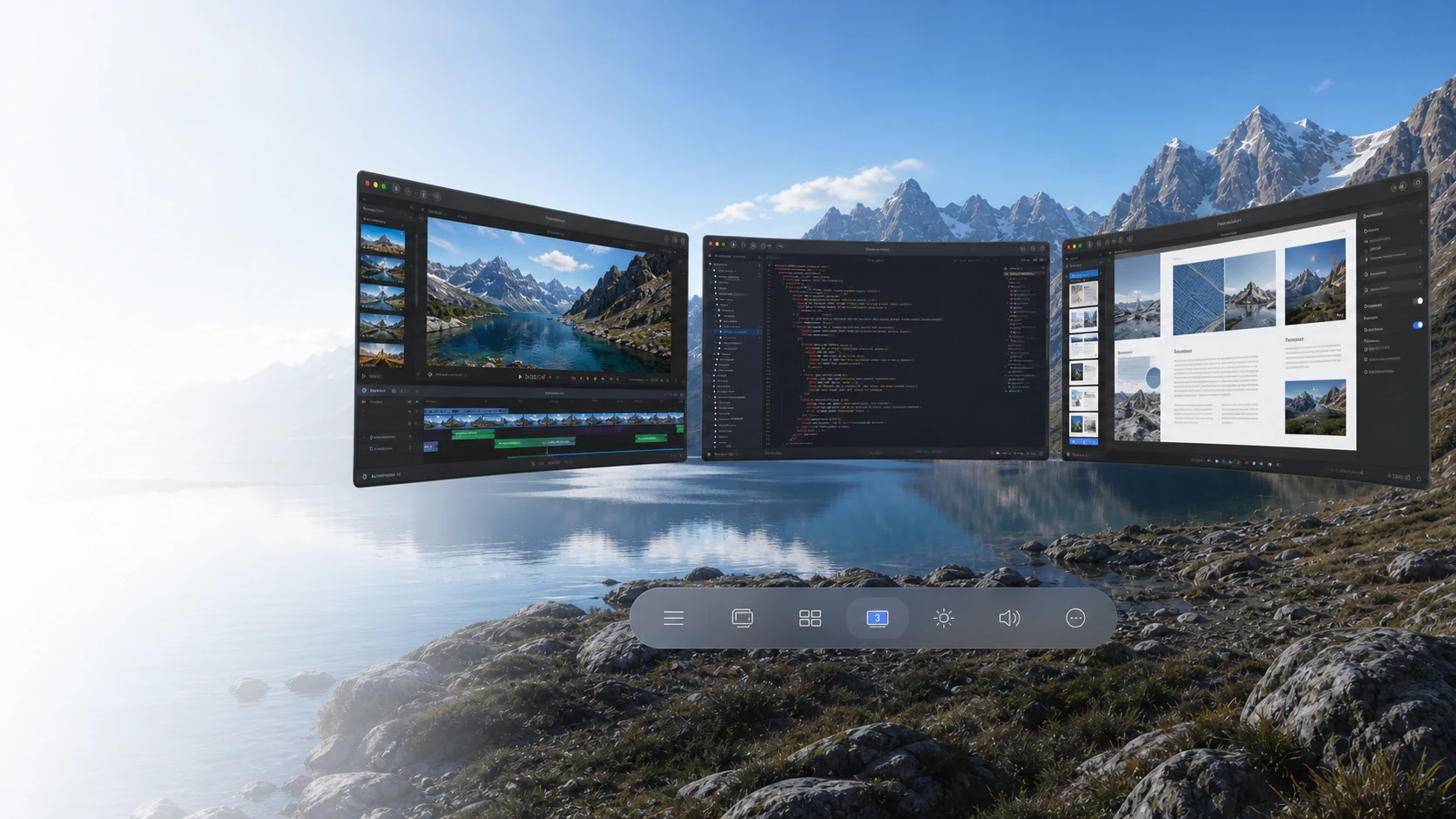 Three Mac displays arranged in a curved spatial layout above an alpine lake, with the VisionDesk dock beneath them